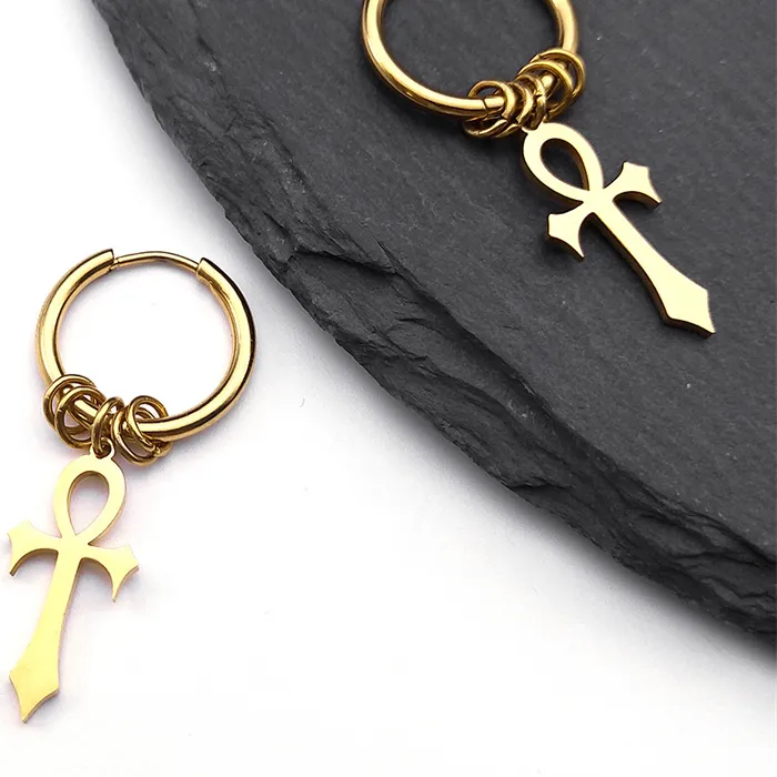 Authentic Egypt Ankh Cross Hoop Drop Dangle Earrings Women Gold Color Egyptian Crucifix Amulet Earring Jewelry E1714S08
