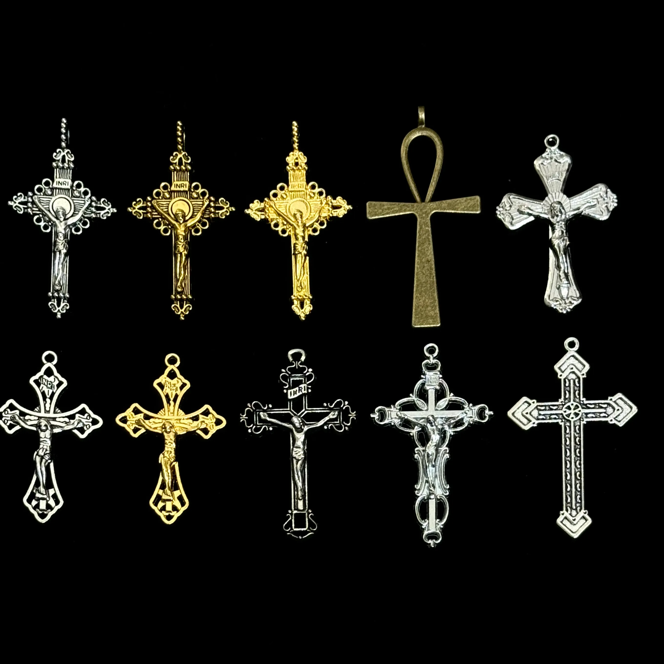 Authentic 10pcs Baroque Filigree Crucifix Cross Pendants Ankh INRI Charms for DIY Rosary Jewelry, Single Style Per Pack