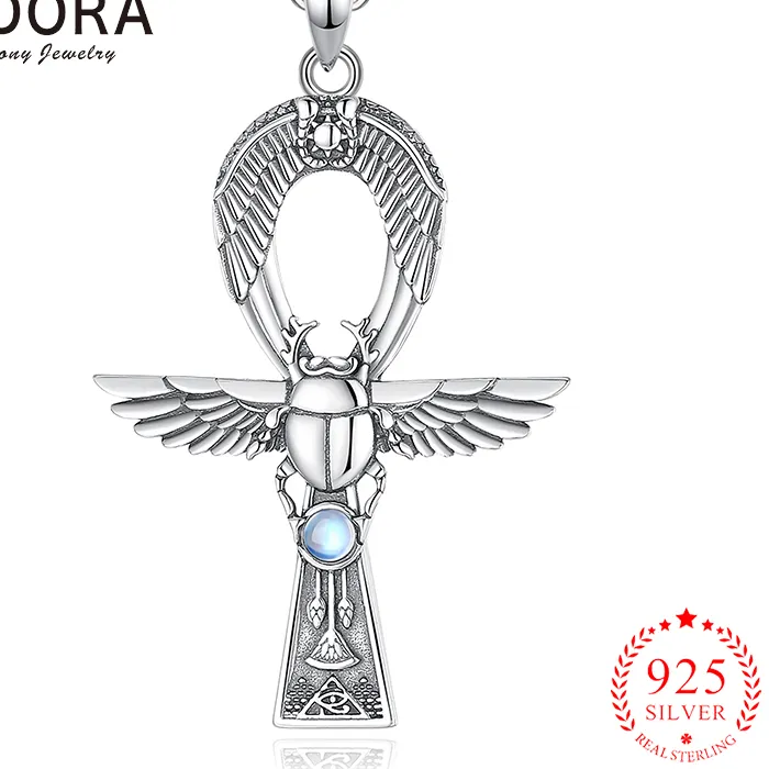 Authentic Eudora 925 Sterling Silver Ancient Egyptian Ankh Gigcoil Necklace Moonstone Rune Pendant Men Women Personality Jewelry