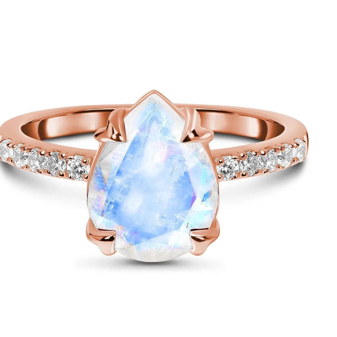 Authentic High Quality Rose Gold Color 925 Silver Jewelry Pear 6x8mm Natural Moonstone Ring Engagement Wedding Ring For Women