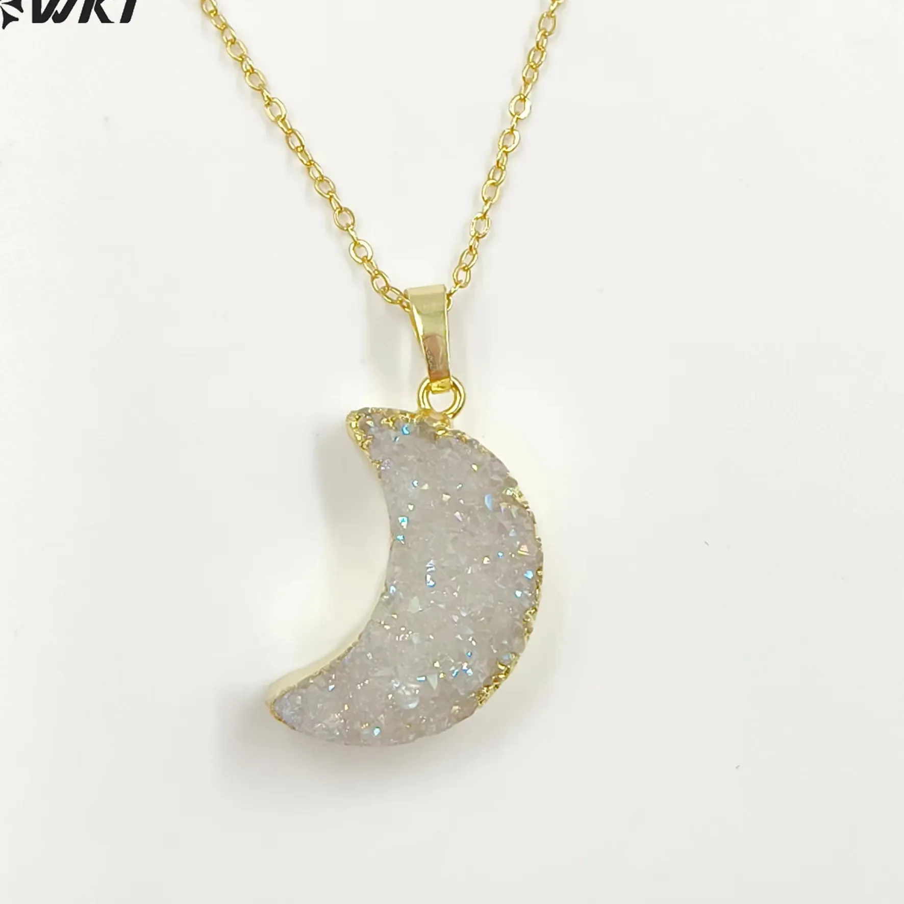 Authentic Wt- N541 Natural Crystal Quartz Druzy Agate Necklace Crescent Moon Shape With Gold Dipped For Ladies Jewelry