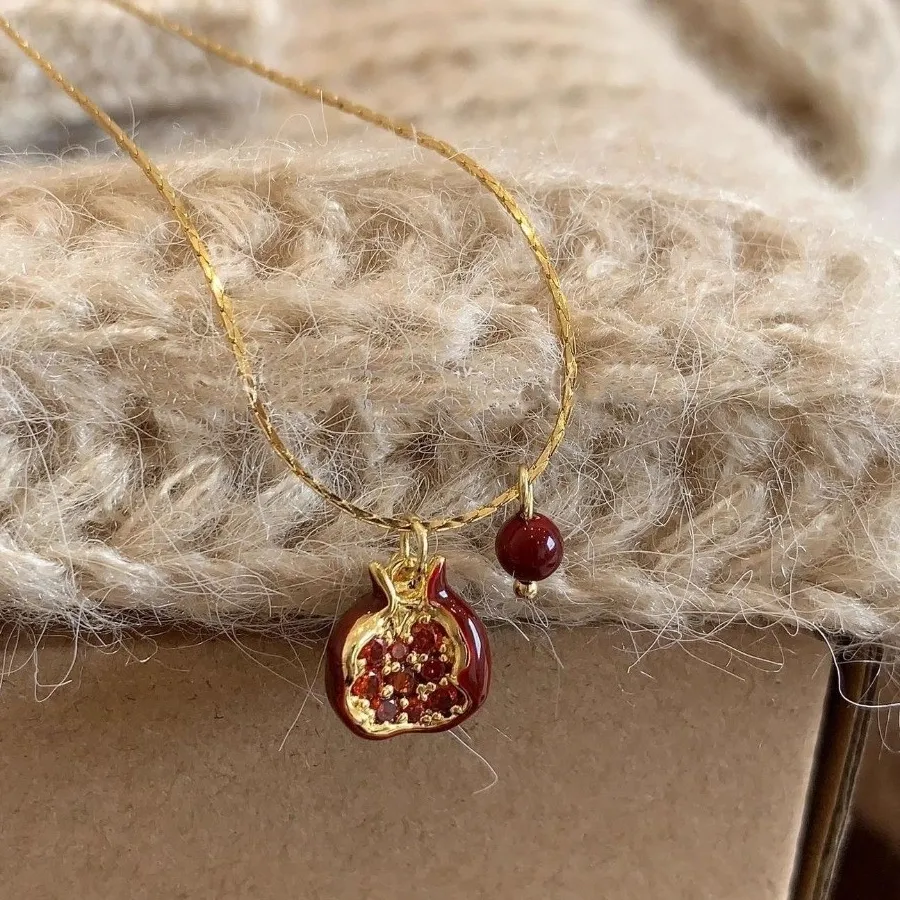 Authentic Red Pomegranate Pendant Necklace Sweet Fruit Earrings Delicate Minimalist Clavicle Choker Daily