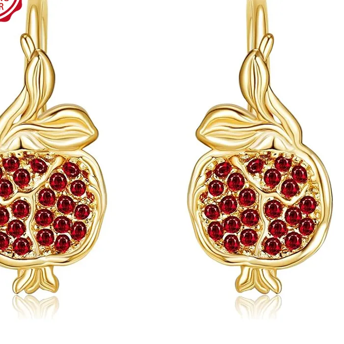 Authentic S925 Sterling Silver Pomegranate Hoop Earrings, Red Cz Leaf Jewelry For Thanksgiving Birthday