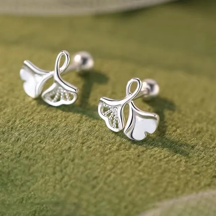 Authentic Real 925 Sterling Silver Ginkgo Leaves Bead Screw Plant Stud Earrings For Women Classic Fine Jewelry Exquisite Accessories