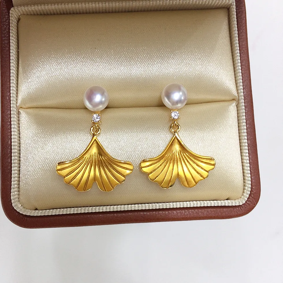 Authentic ZHBORUINI 2024 Origin Natural Freshwater Pearl Jewelry for Women Exquisite and Premium Ginkgo Leaves Pearl Earrings