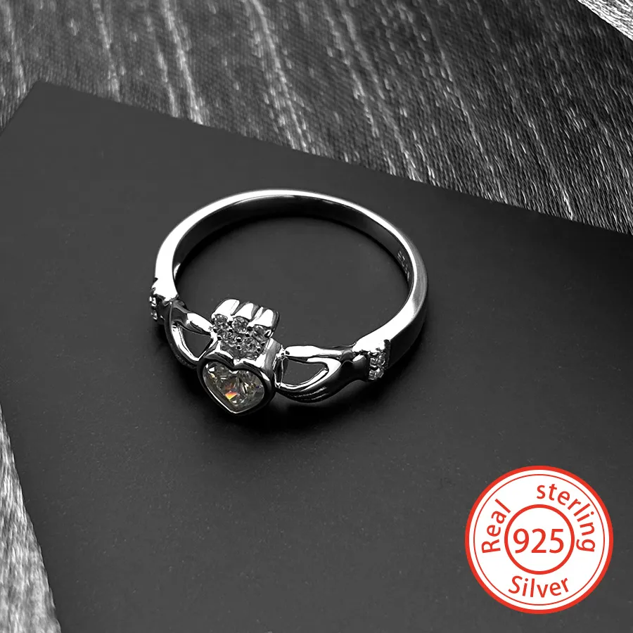 Authentic 925 Sterling Silver Irish Claddagh Zircons Ring for Women Men Charms Heart Crown Finger Rings Wedding Promise Love Jewelry