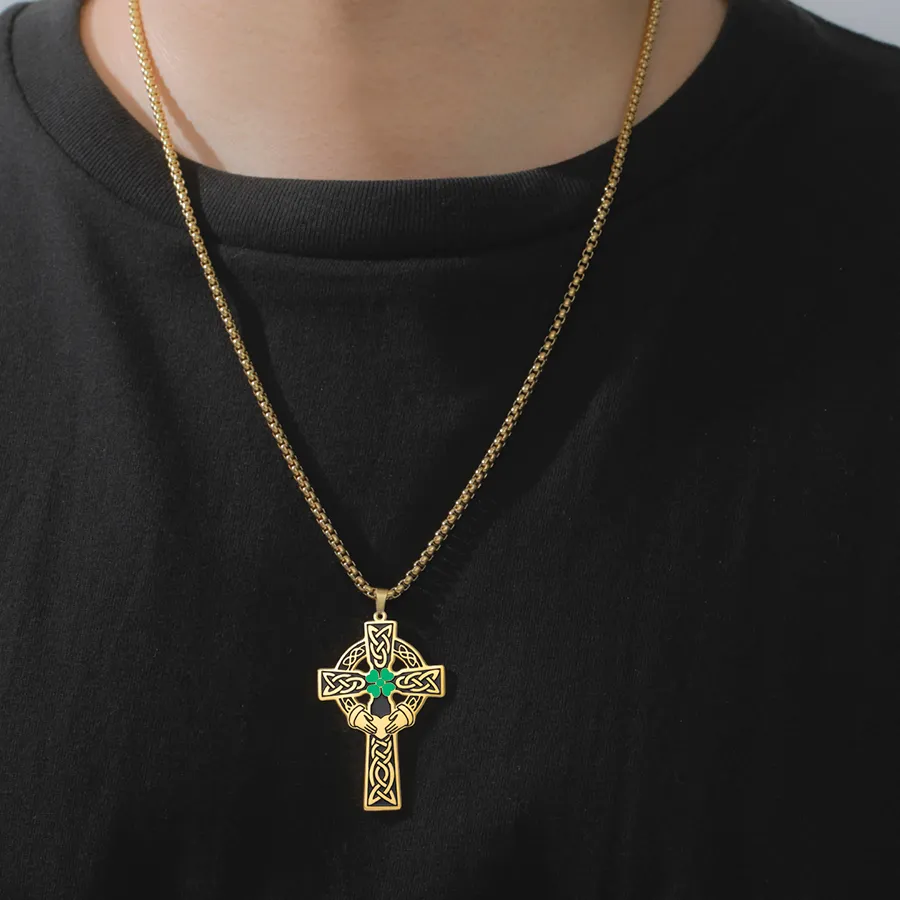 Authentic Claddagh Four Leaf Clover Irish Cross Necklace Celtics Cross Protection Amulet Religious Christian Gifts Jewelry