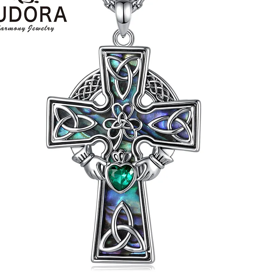 Authentic Sacred Embrace: Abalone Shell Claddagh Celtic Cross Necklace