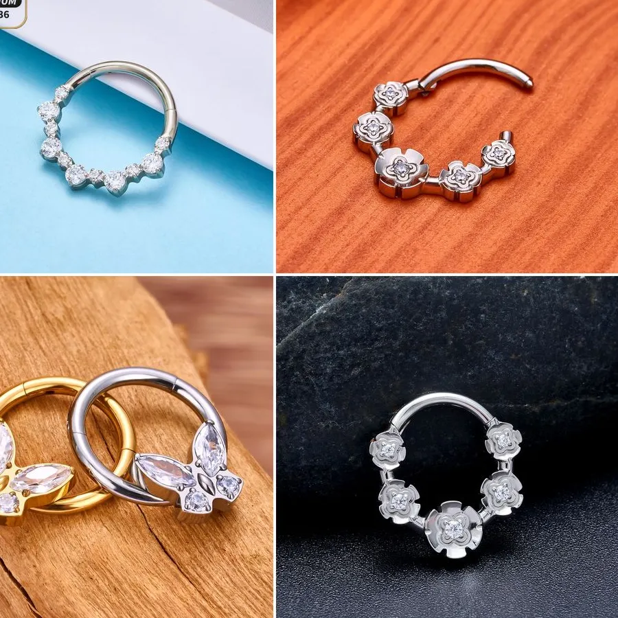 Authentic G23 Titanium Set Heart Claddagh Luxury Inlaid Daith Septum Piercing Nose Ring Hoop Lip Eyebrow Body Piercing Jewelry Helix Lot