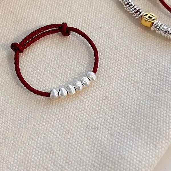 Authentic Silver Open Finger Ring Red String Adjustable Lucky Beads Ball Matte Simple Good Wish For Women Jewelry Dropship