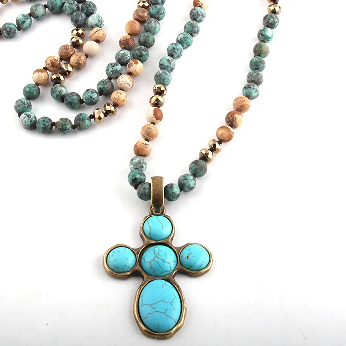 Authentic Bohemian Tribal Jewelry Stone Long Knotted Aqua Cross Necklaces For Women