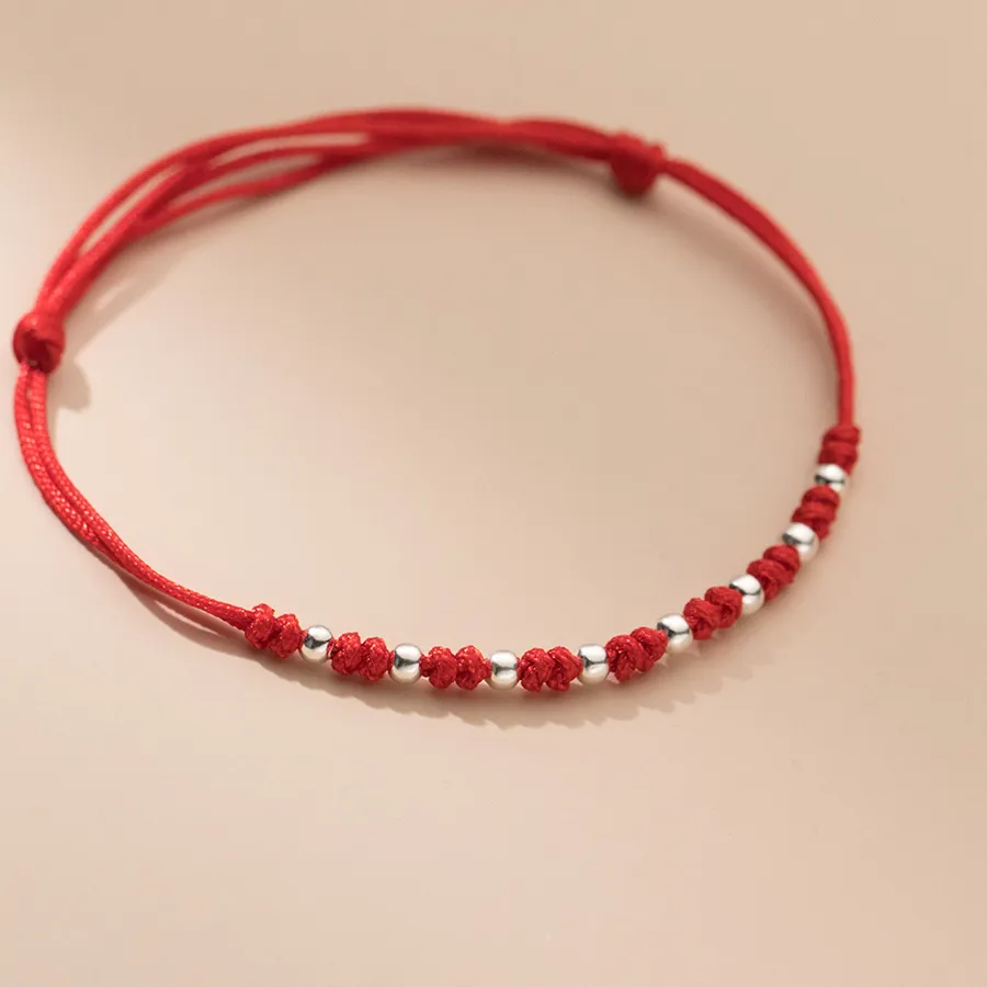 Authentic Handmade Braided Red String Bracelet with Silver Color Beads Adjustable Red Cord Bracelet for Women Simple Jewelry