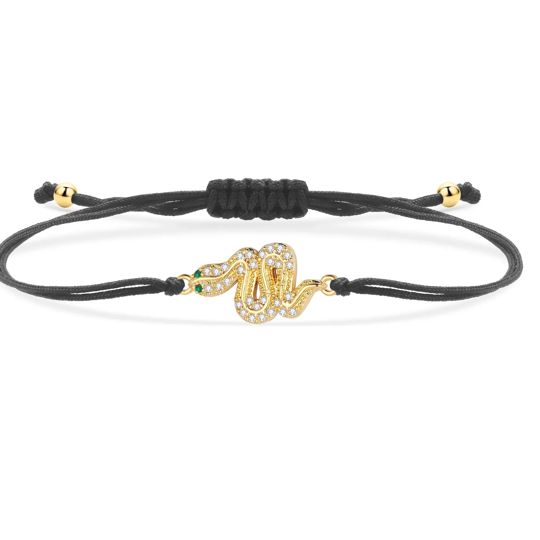 Authentic Green Cubic Zirconia Crystal Eye Snake Charm Bracelet Women Gold-plated Brass CZ Stones Animal Red String Black Cord Jewelry Her