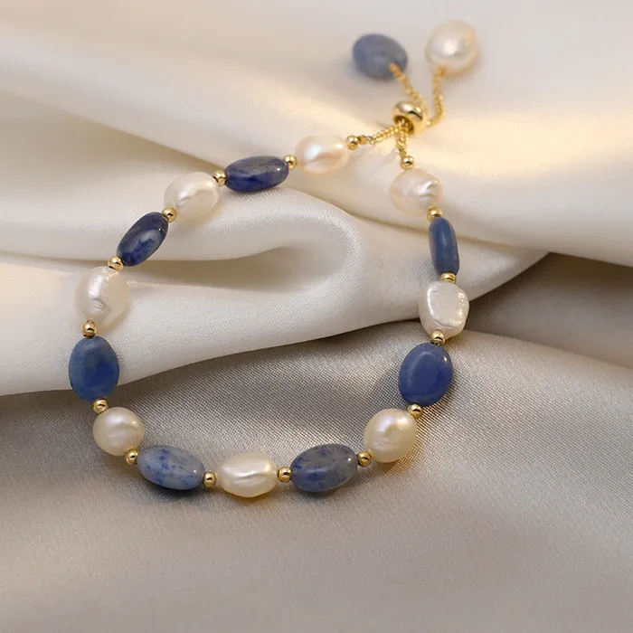 Authentic Vintage Sky Blue Natural Stone Natural Pearl Luxury Bracelet for Woman Cuff Bracelet Jewelry