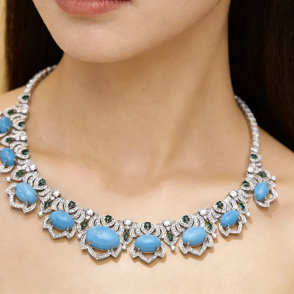 Authentic Ayjewelry Trendy High Craft Blue Turquoise Tennis Necklace Earrings Gold PLated Luxury Designer Jewelry Set For Women Party