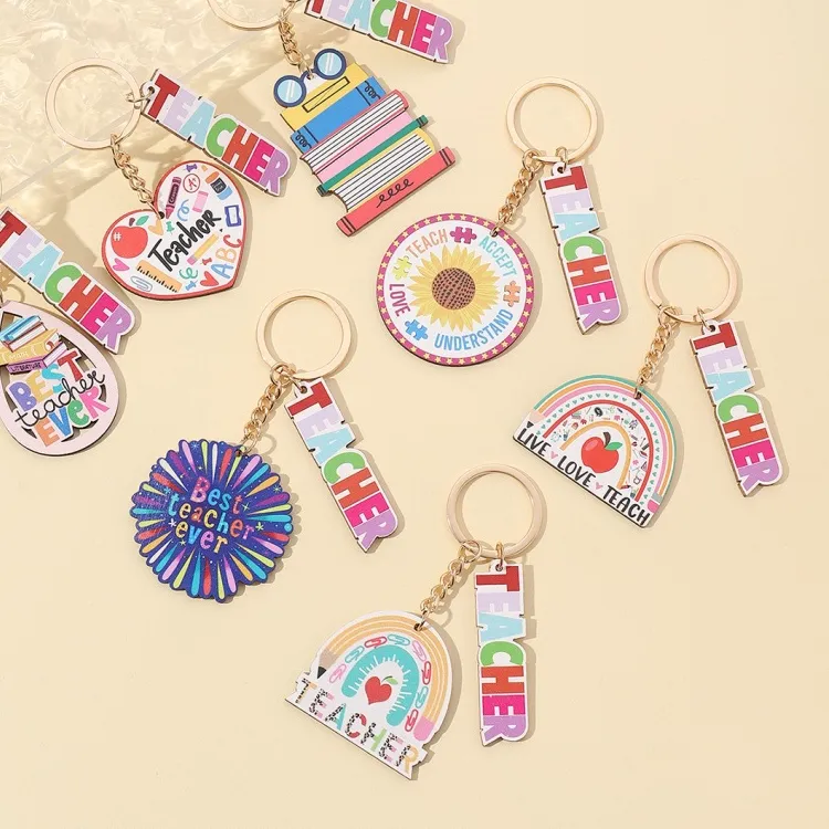 Authentic New Teacher Day Keychain Gift Cute Wooden School Opens Pencil Rainbow Flower Apple Book Ruler Eraser English Letter Pendant Key