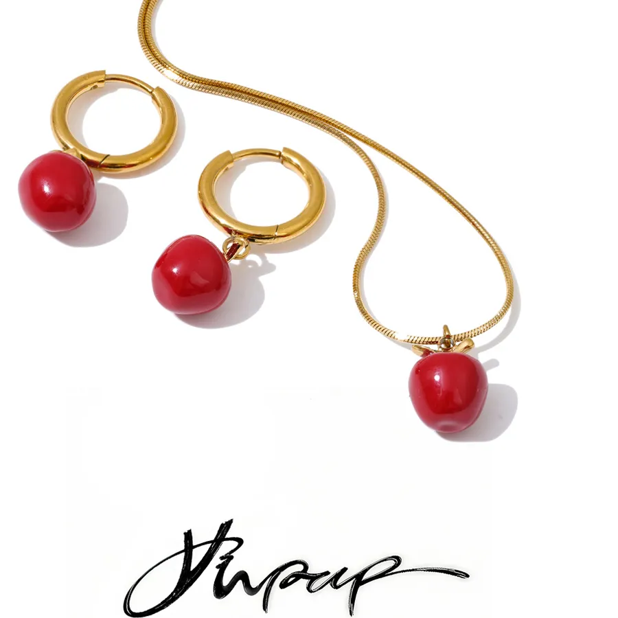 Authentic Yhpup Red Enamel Apple Pendant Necklace Earrings Tarnish Resistant Stainless Steel Fruit Jewelry 18K Golden Plated Accessories