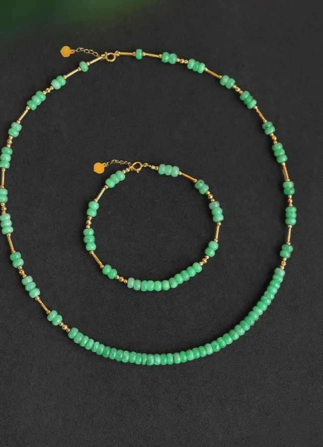 Authentic Natural Jadeite Necklace & Bracelet Set 18K Gold, AAA Apple Green Gemstone Luxury Jewelry, Imperial Grade Chinese Treasure