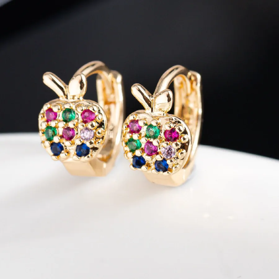 Authentic Cute Small Apple Multicolor Zircon Hoop Earrings For Women Vintage Gold Silver Color Ear Buckle Wedding Jewelry Valentines Gift