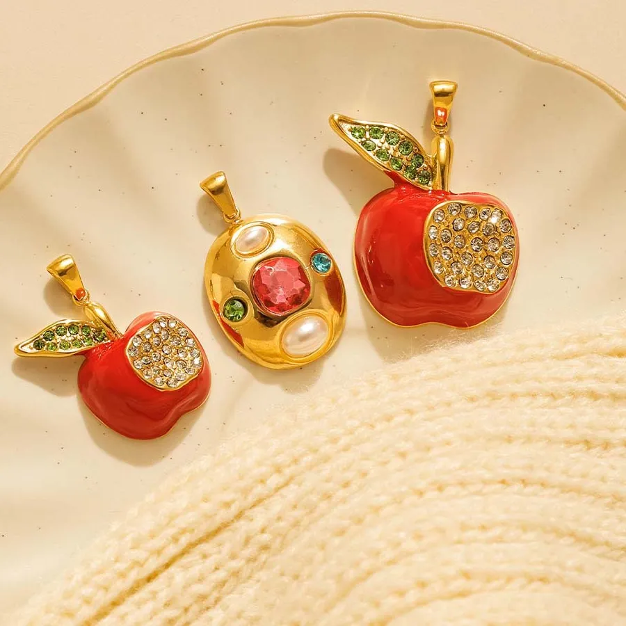 Authentic 5pcs Stainless steel electroplated gold enamel red apple rose gemstone pendant DIY jewelry keychain accessories