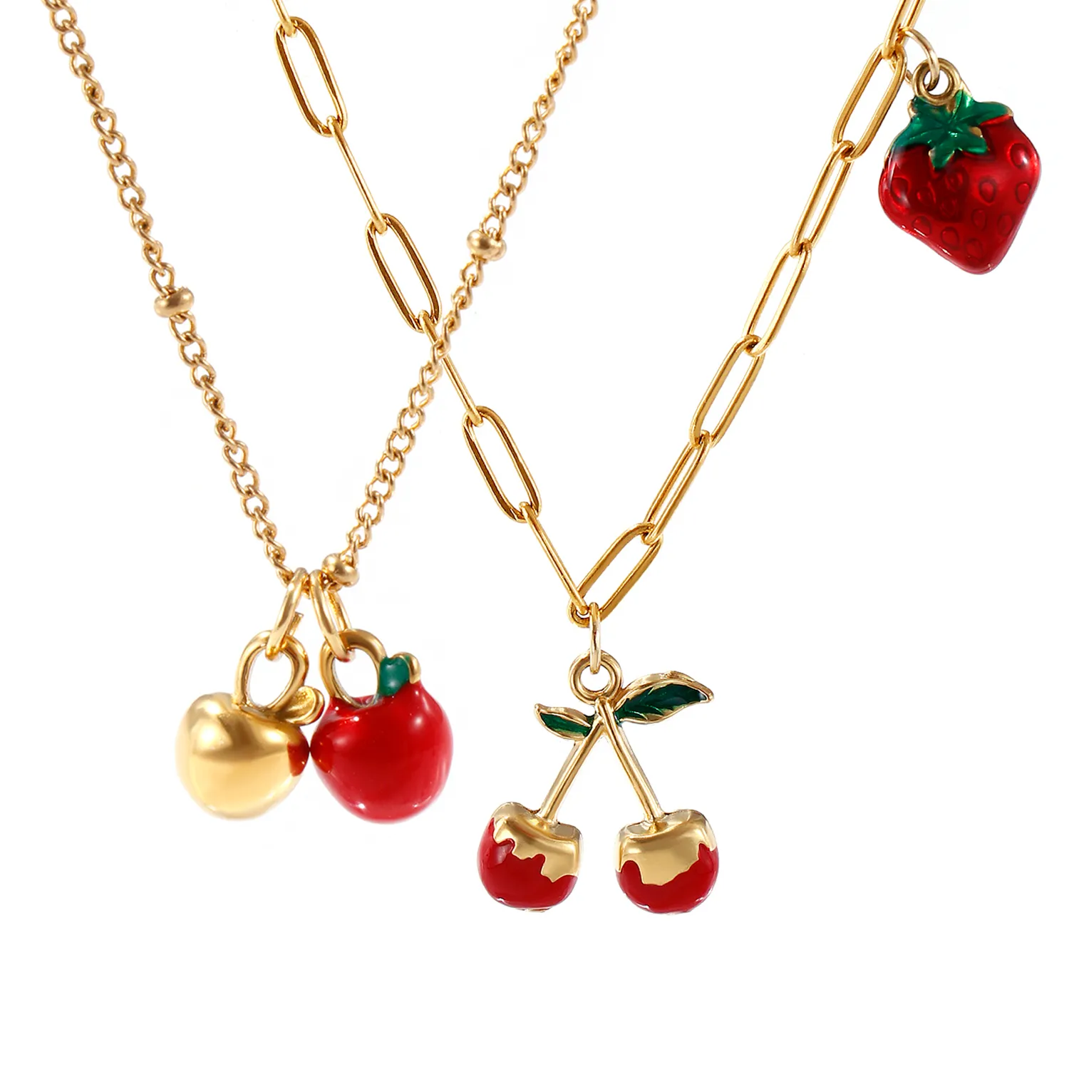 Authentic 1 Piece Cute 304 Stainless Steel Necklace 18K Real Gold Plated Red Fruit Enamel Apple Cherry Pendant Necklace For Women Gift
