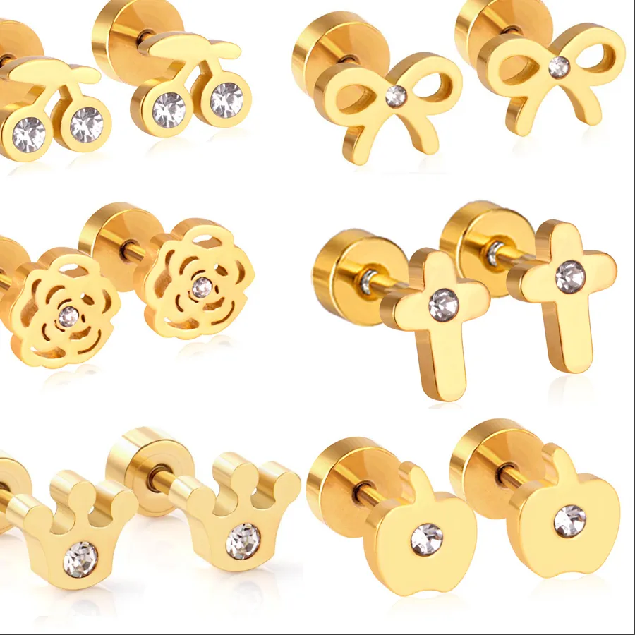 Authentic LUXUSTEEL Cute Crystal Stud Earrings Stainless Steel Anti-allergy CZ Love Heart Apple Earrings For Baby Girls Women Jewelry 2022