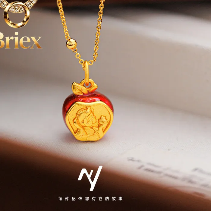 Authentic Briex Jewelry Luxury 24K 9999 Pure Gold real gold Super Sweet Snow White Enamel Red Apple Pendant Women's Necklace