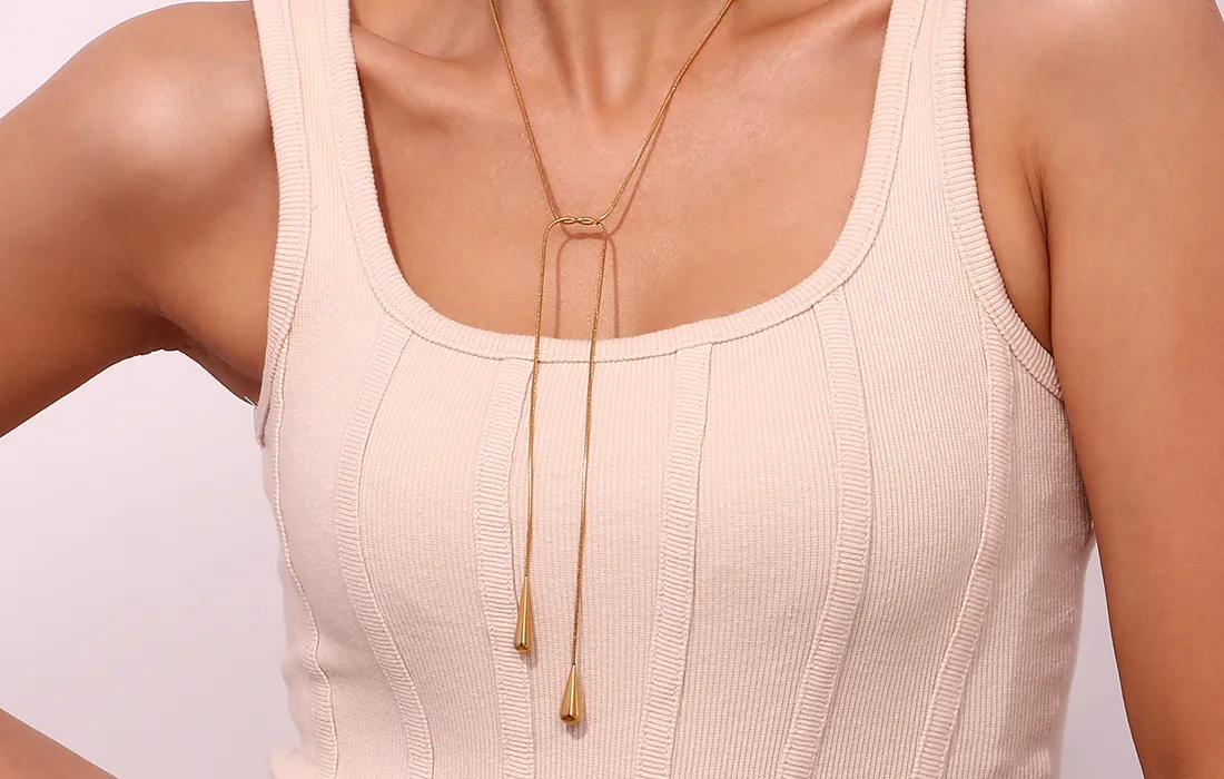 Authentic Two Water Drop Snake Chains Necklace Tarnish Free Silver Color Accessories 18K Gold Plated Women's Neck Chain