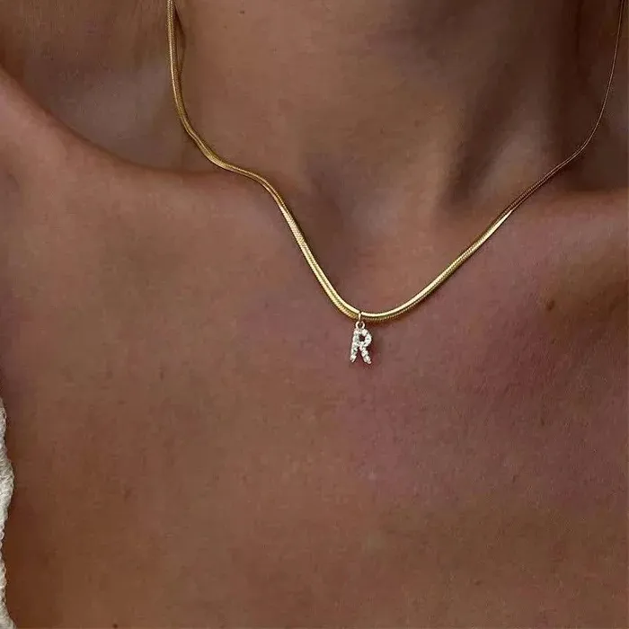Authentic Dainty Zircon Tiny Initial Letter Necklace Gold Plated Snake Chain Choker Necklaces Alphabet Pendants