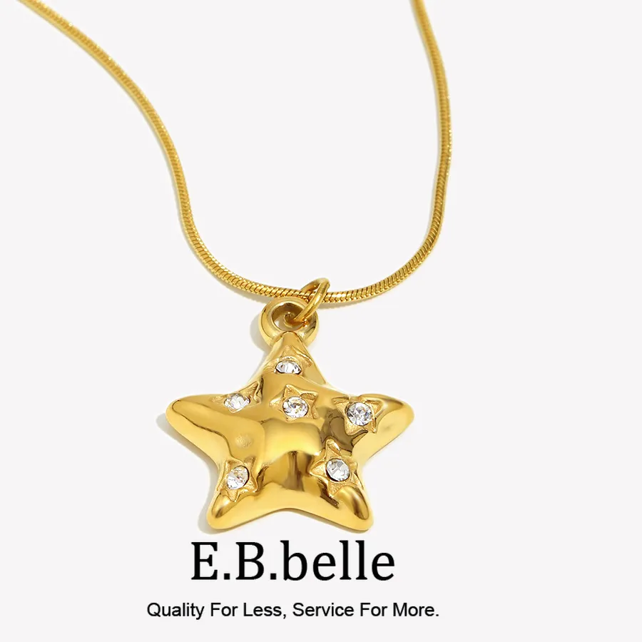 Authentic E.B.belle Gold Color Rhinestone Cute Star Pendant Necklace 18K Gold Plated Women's Party Neck Jewelry Gifts