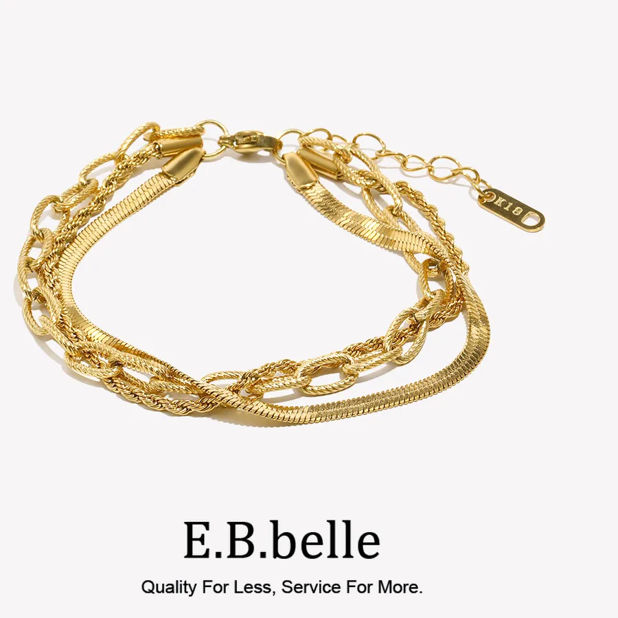 Authentic E.B.belle Three Layer Bacelet Chain Snake Chain Twisted Chain 18K Gold Plated Exquisite Jewelry Women Party