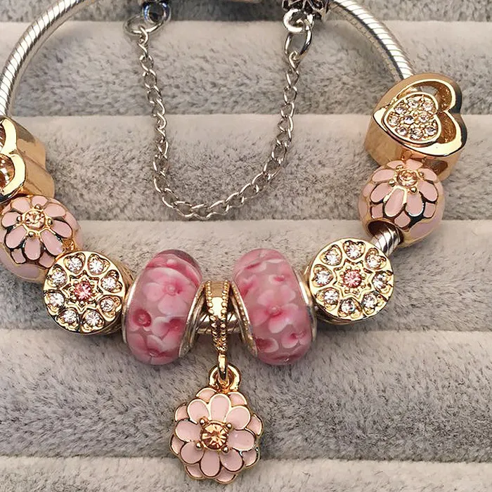 Authentic Luxury Crystal Flower Charm Bracelets & Bangles Gold Beads Bracelets For Women Jewellery Pulseira Feminina 2021 Year