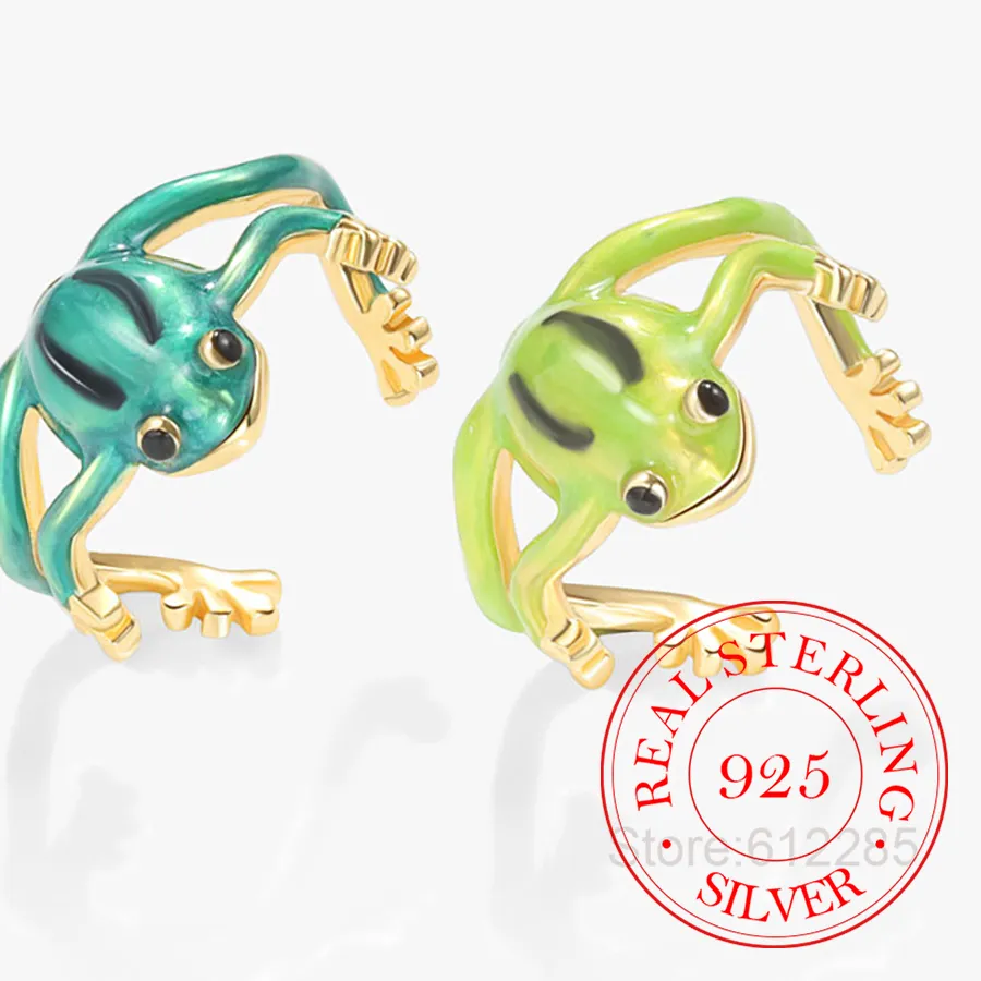 Authentic 925 Sterling Silver Jewelry Enamel Frog- Shaped Hug Finger Rings Jewelry Friends