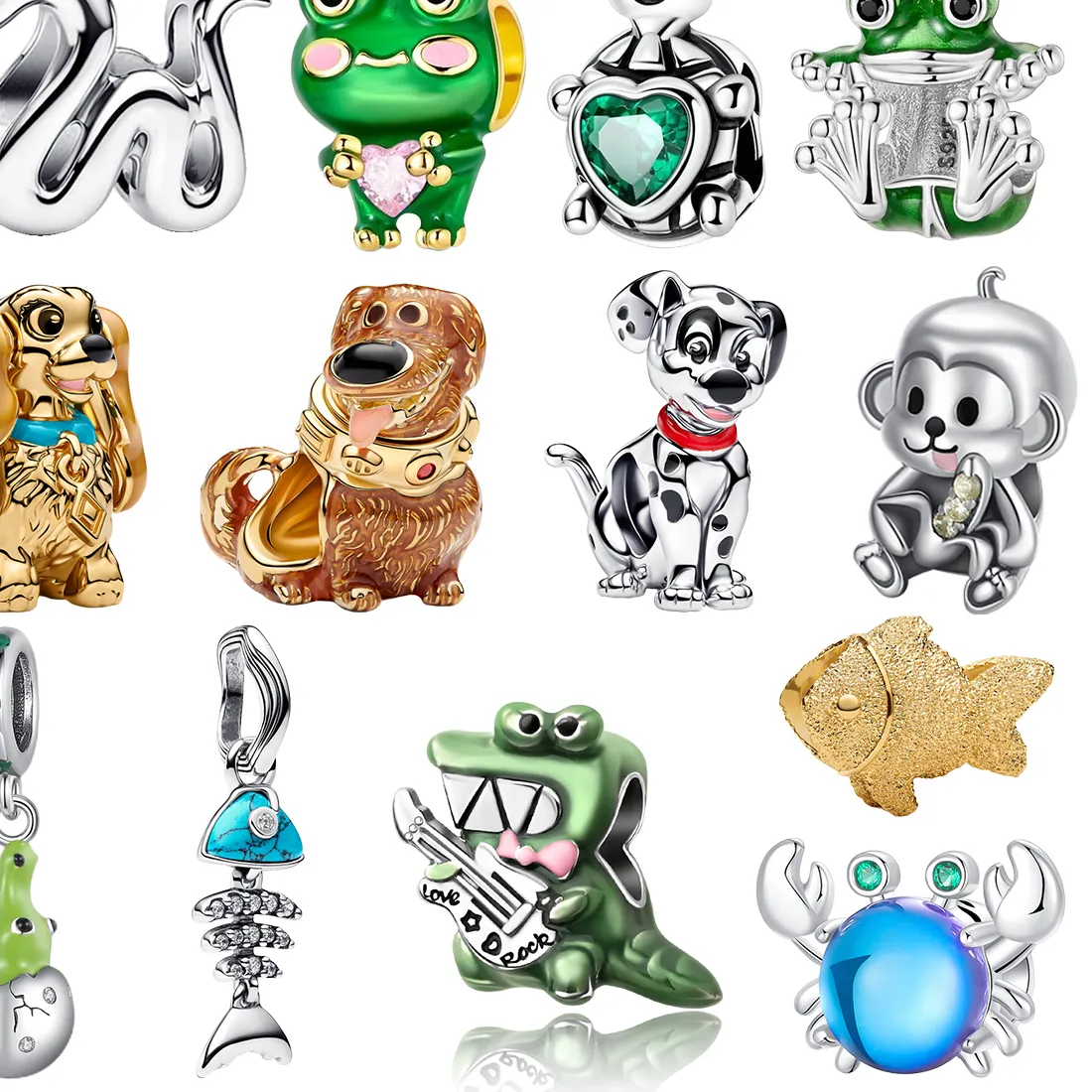 Authentic S925 Enamel Inlay Frog Prince Pet Dog Charms Gem Heart Turtle 3D Sculpted Dog Crocodile Guitar Crab Fish Monkey Beads