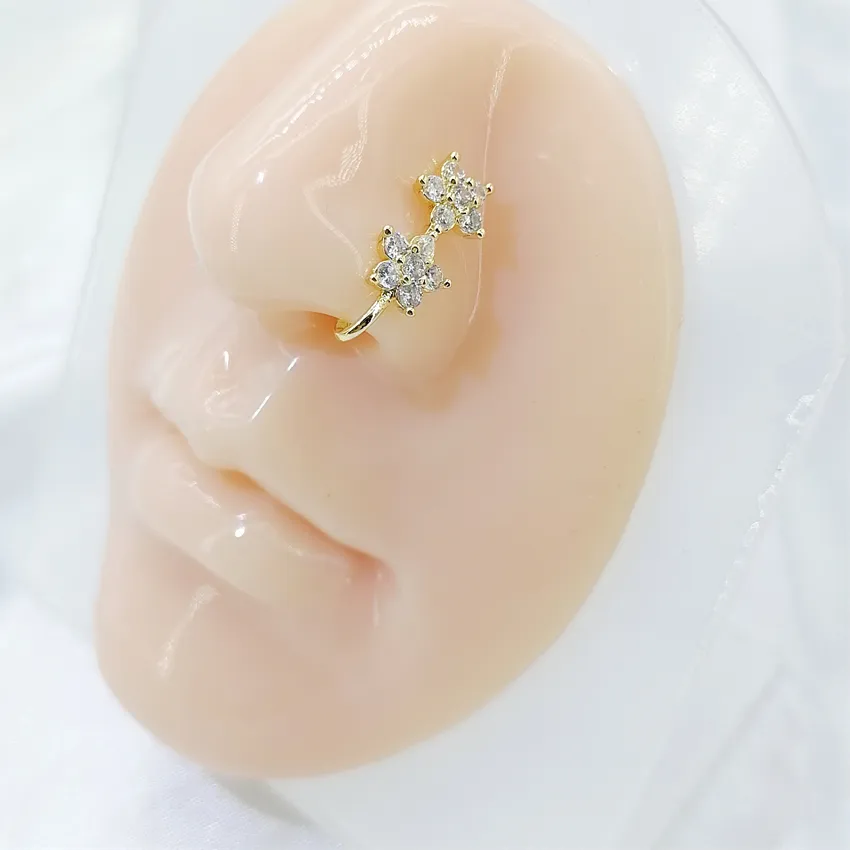 Authentic 1pc 2 Crystal Flowers Ear Cuff Earring Fake Nose Ring Inlaid Zircon U-shaped Nose Clip Women No Piercing Body Jewelry
