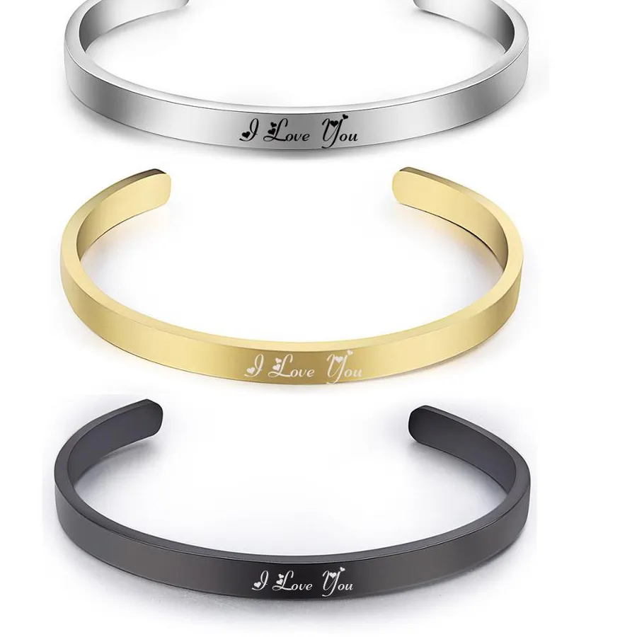 Authentic Fashion Gold and Black  Silver Stainless Steel Custom Engrave Bracelet  For Women Hot Selling  Open Jewelry Bangles
