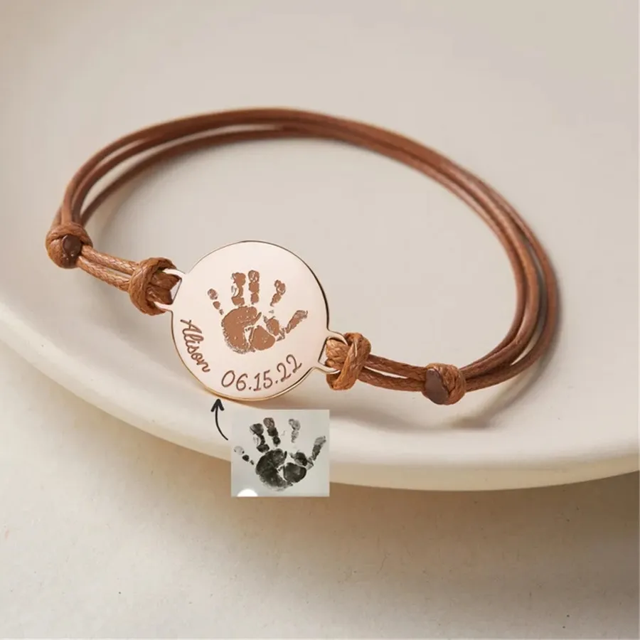 Authentic Custom Bracelets Personalized Adjustable Rope Bracelet Engraved Baby Footprint Handprint Jewelry Mom