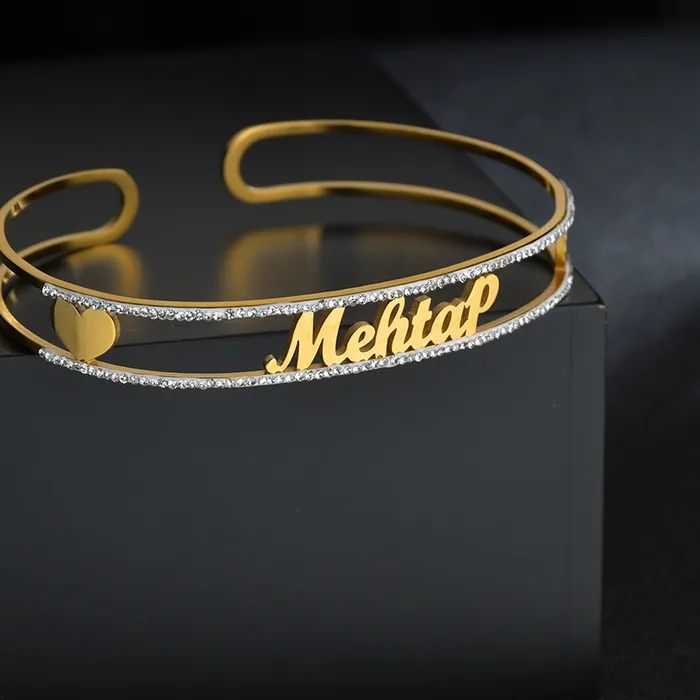 Authentic Nextvance Custom Name Bracelet Trendy Stainless Steel Zircon Personalized Nameplate 10MM Wide Cuff Bangles Women Jewelry Gift