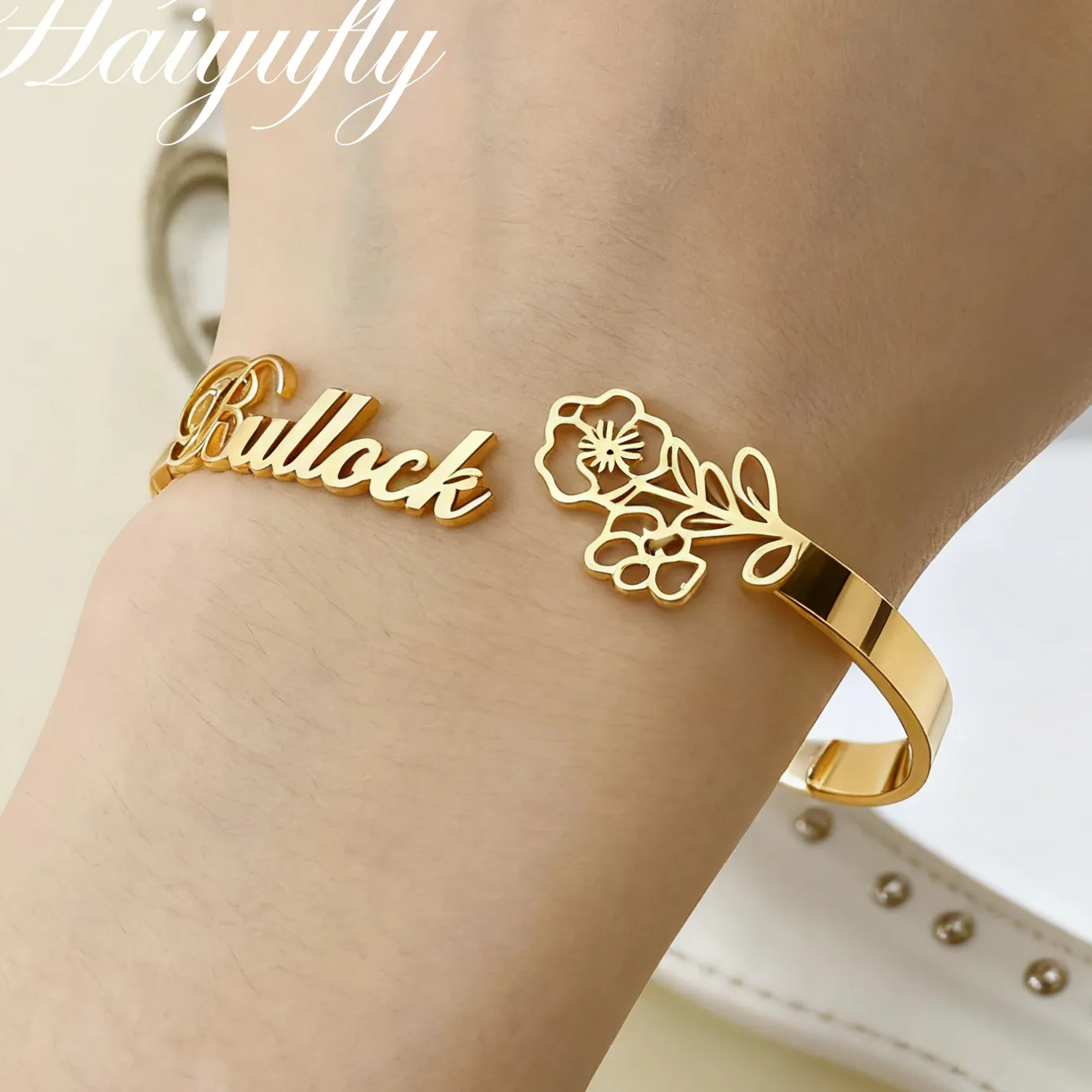 Authentic Haiyufly Custom Birth Flower Name Bangle Personalized Cuff Bracelet Jewelry Adjustable Birthday