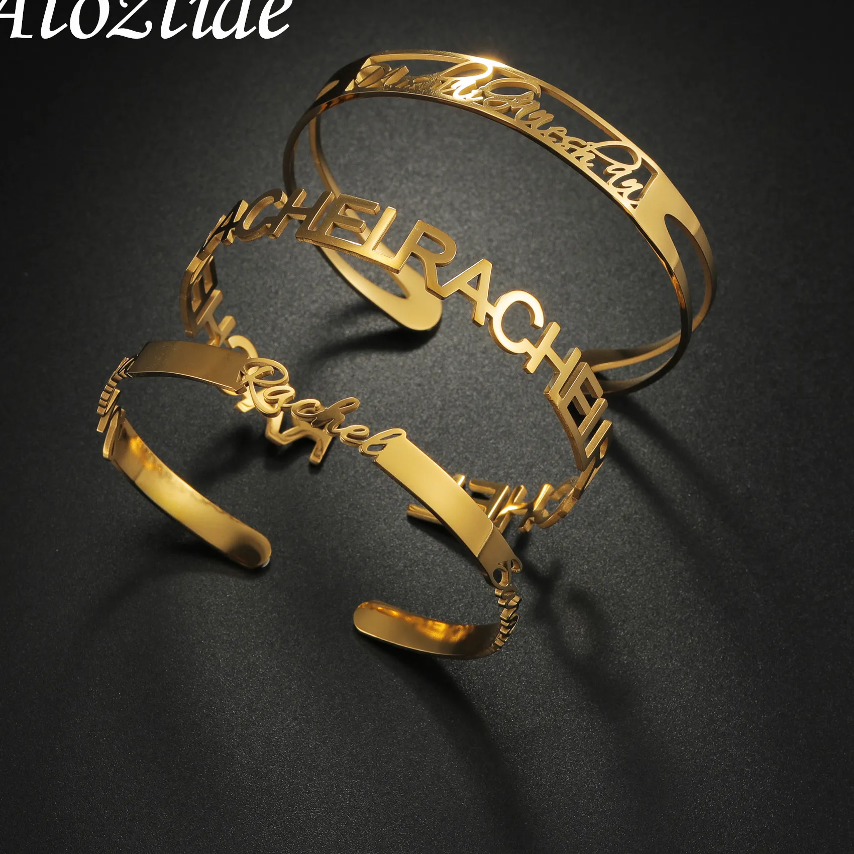 Authentic Atoztide Personalized Custom Name Bracelet for Women Men Stainless Steel Letter Cuff Bangles Adjustable Chrismas Jewelry Gift
