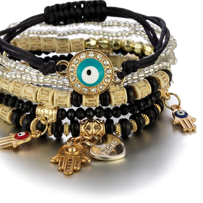 Authentic 6Pcs/set Bohemian Evil Eye Bracelet Set For Women Fatima Hand Heart Charm Beaded Rope Chain Bangle Female Jewelry