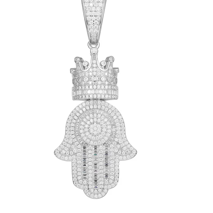 Authentic S925 Sterling Silver Moissanite Bling Ice Out Crown Fatima Hand Pendants Necklaces for Women Men Hip Hop Rapper Jewelry