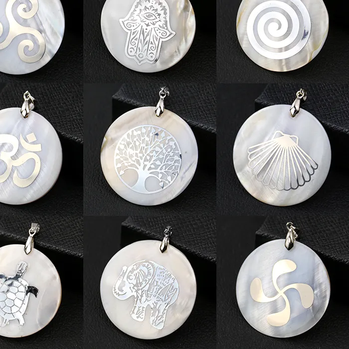 Authentic Natural Round Mother of Pearl Shell Pendant Laser Tree of Life Fatima Hand Elephant Turtle Charms Necklace DIY Jewelry Accessory