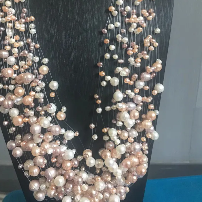 Authentic 30 Layers Natural Fresh Water Pearl White Pink Purple Necklace Hand Moven Jewelry For