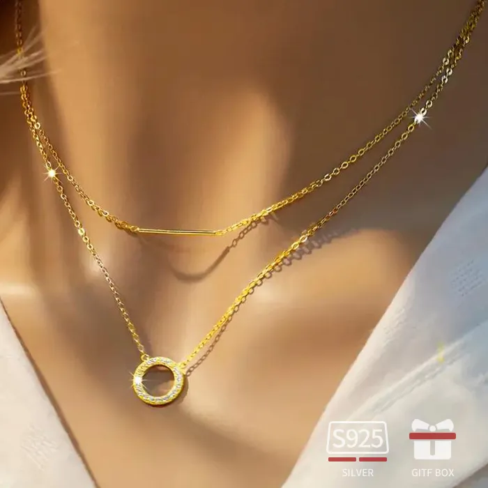 Authentic RAPRGOLD Moissanite Loop Pendant Necklace for Women 925 Sterling Silver Double Layer Clavicle Chain Necklaces Fine Jewelry Gifts