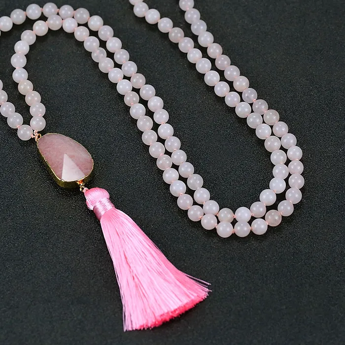 Authentic Spring Summer Bohemian Resort 8mm Natural Stone Knotted Necklace Crystal Bud Connected Tassel Necklace Sweater Chain