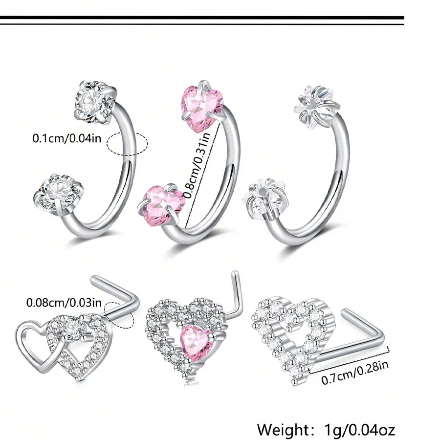 Authentic 3Pcs Set Heart Horseshoe Nose Rings Studs, Stainless Steel Piercing Jewelry, Silver & Gold Plated Nose Piercings for Women Men Unisex Daily Wear Gift