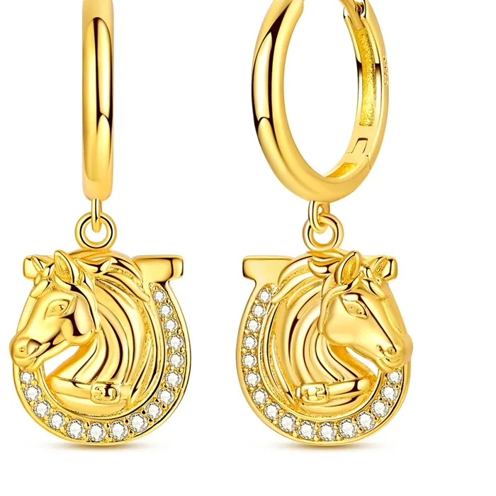 Authentic 925 Sterling Silver Gold Plated Horse Head Horseshoe Huggie Hoop Earrings for Women Lucky Western Spirit Jewelry Elegant