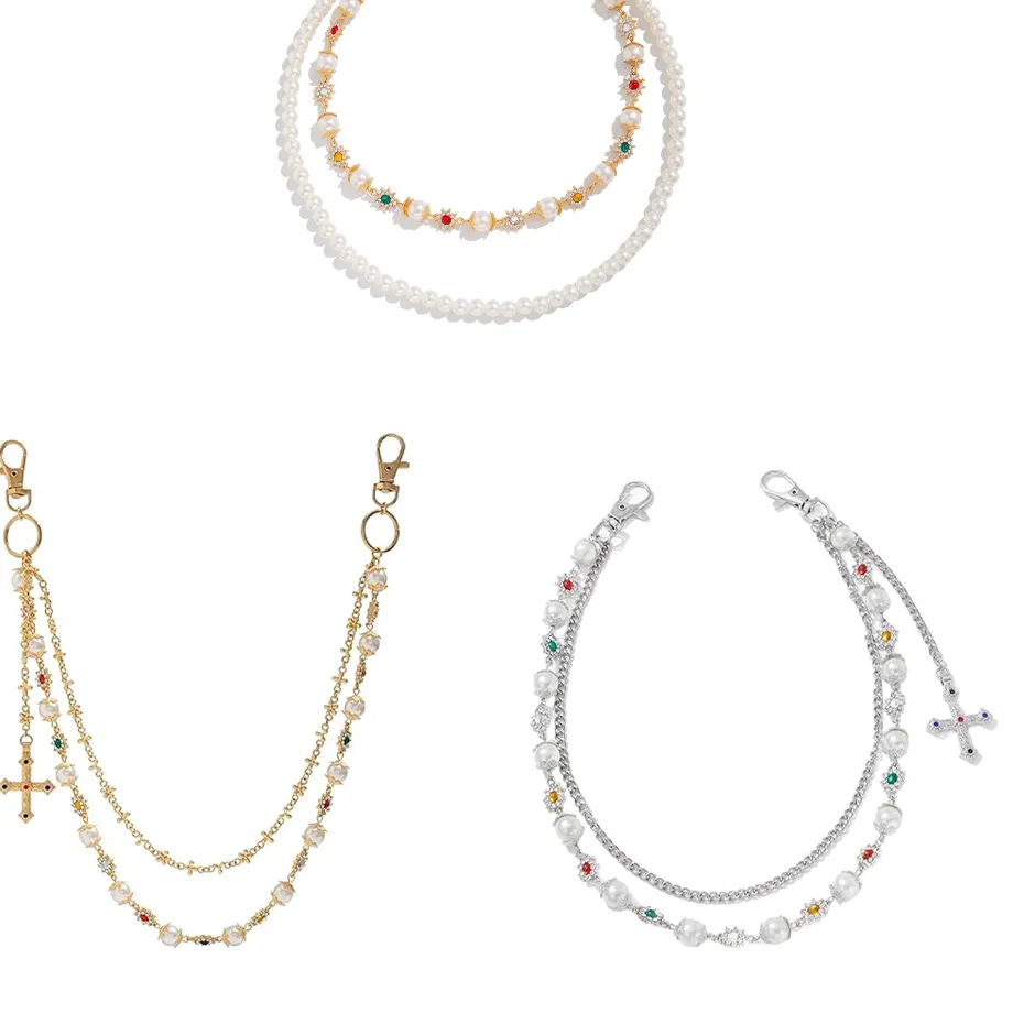 Authentic Punk Colorful Zircon Cross Pendant Pants Chain Gothic Multi Layer Imitation Pearl Chain Waist Chain Jeans Jewelry