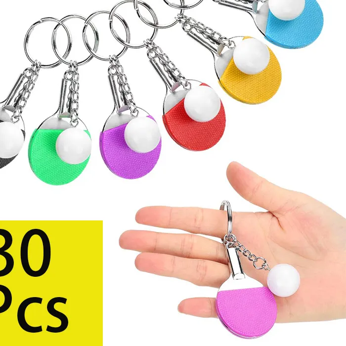 Authentic 30Pcs Mini Table Tennis Racket Keychain 6 Colors Table Tennis Racket Bag Pendant Creative Sports Keyring Accessories